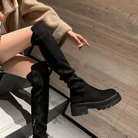 

HOLXI 2024 Women s Over Knee high Boots Thick Platform Chunky Heel Knight Boots Round Toe Sexy Elastic Fabric Women Boots Plus Suede Boots Long Tube Boots