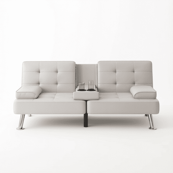 Convertible Faux Leather Futon Sofa Bed with Center Cup Holder Table, 2 Person Adjustable Backrest Sleeper Loveseat with Chrome Legs