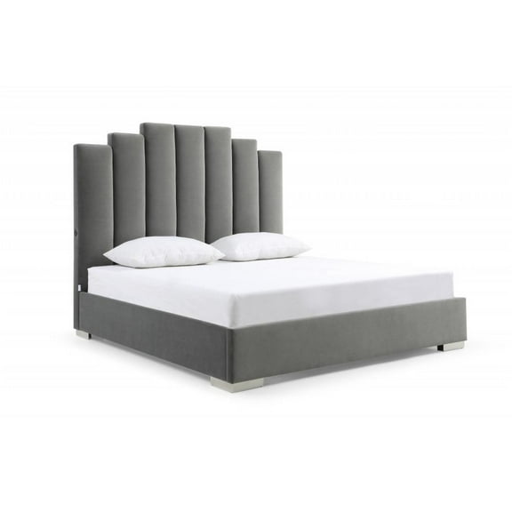 HomeRoots 486081 67 x 64 x 87 in. Queen Size Gray Upholstered Vertical Channel Velvet Bed with USB