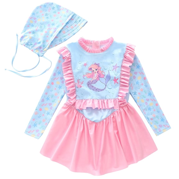 Tiijoy Little Girls Princess Ruffle Long Sleeve Swim Dress Swimsuit with Hat, Sizes 2-12