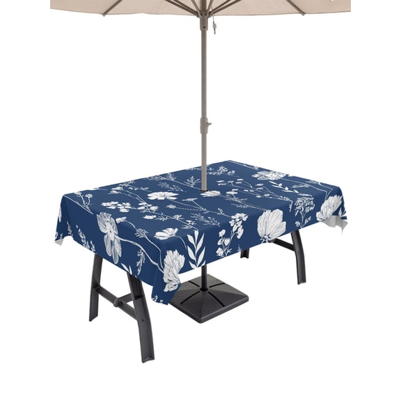 Outdoor Tablecloths with Umbrella Hole & Zipper, Navy Blue Wildflowers 60 x102 Inch Rectangle Tablecloths, Farmhouse Floral Botanical Leaves Waterproof Table Cloth, Patio/Pool/Picnic Table Covers