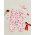 thumbnail image 5 of Newborn Baby Girl Valentines Day Outfit Bow Heart Ruffle Cotton Linen Jumpsuit  Long Sleeve Romper Playsuit with Headband, 5 of 8