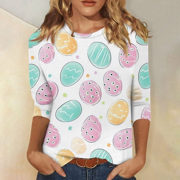 HAVUITYY Easter Bunny Sweater for Women – Soft 3/4 Sleeve Cotton Pullover with Cute Egg Print, Perfect Spring Going Out Top & Holiday Gift Idea
