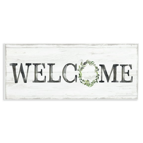 Stupell Industries Welcome with Floral Wreath Text & Numbers Painting Unframed Art Print Wall Art, 17 x 7