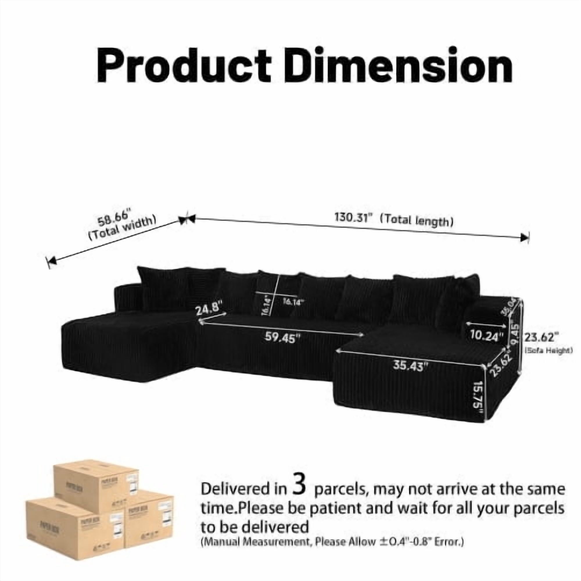 SOULART 130" Black U L-Shaped Modular Sectional Couch, U-Shaped Sofa with Chaise Lounge, Striped Corduroy Upholstered 4-Seater Sofa with Pillow Back and Square Arms