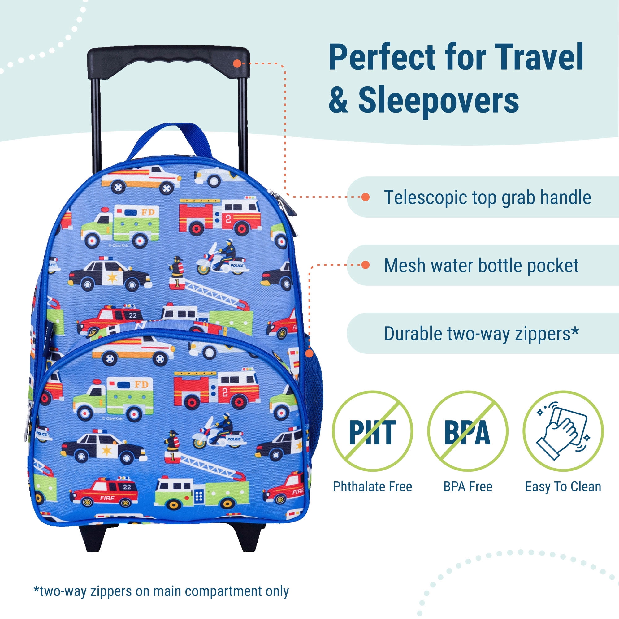 Wildkin Kids Rolling Luggage for Boys & Girls, Perfect for School & Overnight Travel, Carry-On Size (Heroes Blue)
