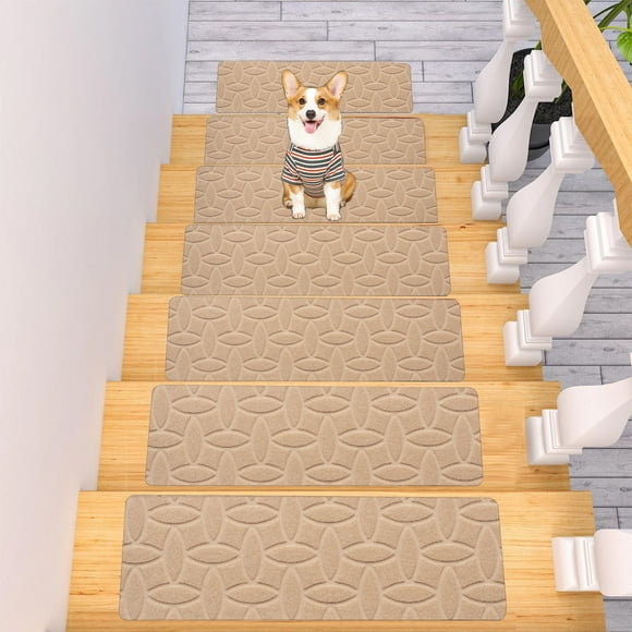 Non Slip Stair Treads for Wooden Steps Indoor, Carpet Stairs Runner 7 Pack 8" x 30" Stair Tread Rugs for Wood Stairs, Machine Washable Step Runners, Stair Pads for Pet, Beige