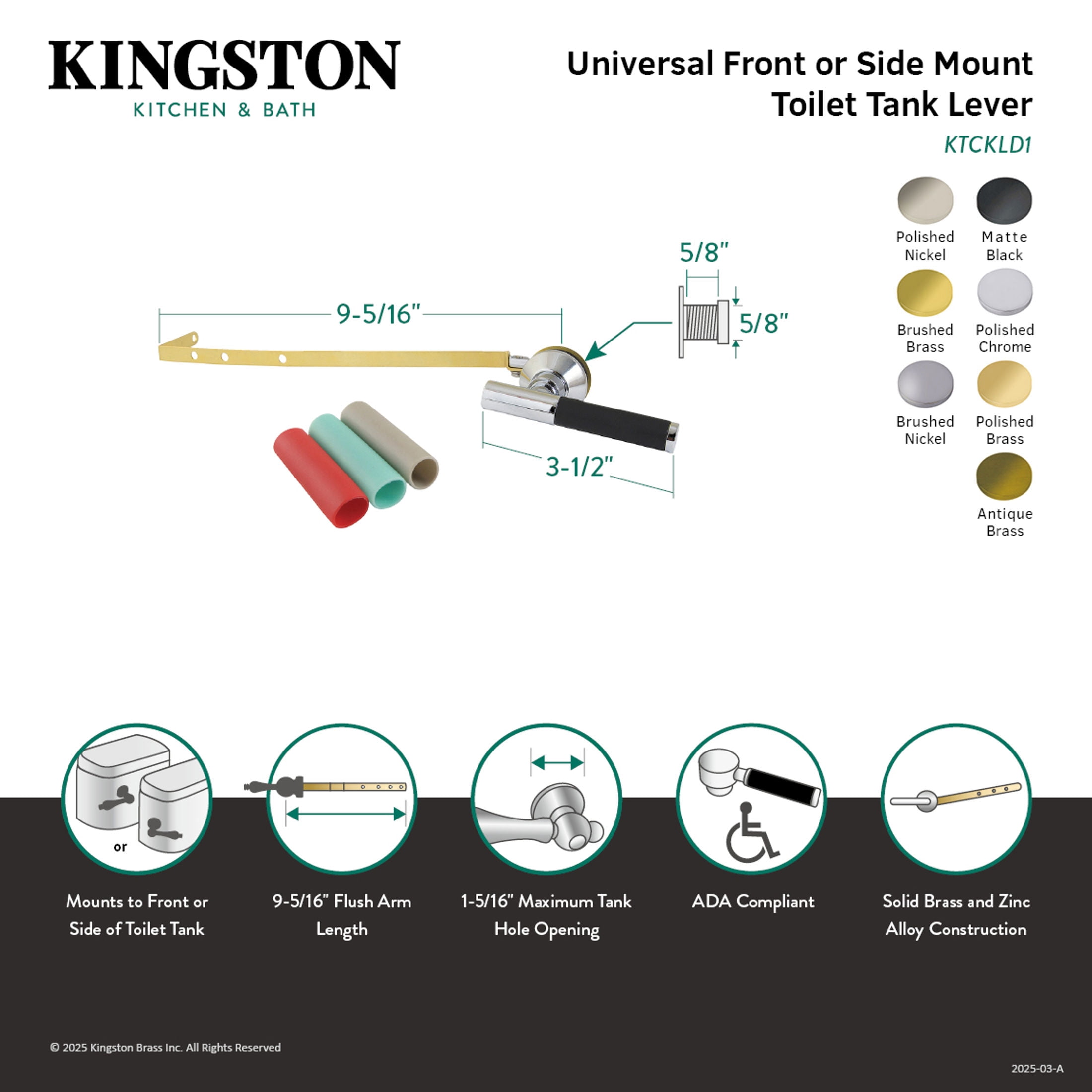 Kingston Brass KTCKLD7 Kaiser Universal Front or Side Mount Toilet Tank Lever in Brushed Brass