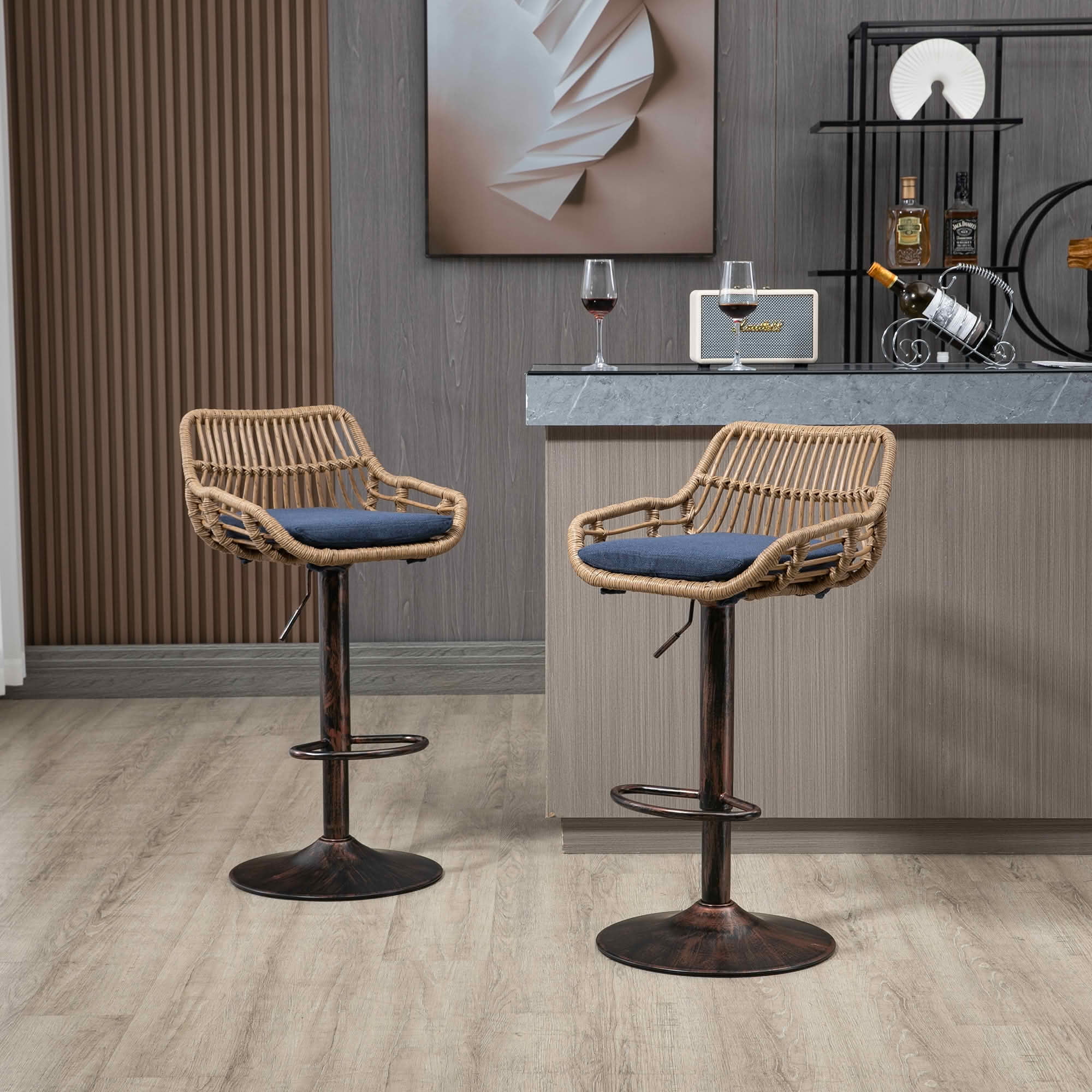 MAYEERTY Swivel Bar Stools Set of 2, Adjustable Height Chairs with Footrest, Linen and PE Rattan Back, Blue