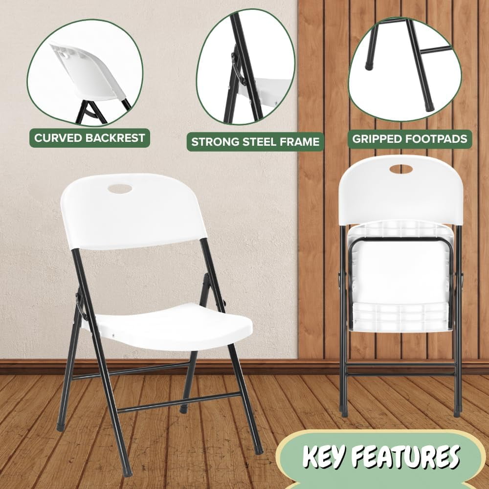 CycloneSound Heavy Duty Plastic Folding Chairs, 300 lb Capacity, Portable Foldable Chairs for Events, Patio, Weddings, Indoor/Outdoor, White (8 Pack)