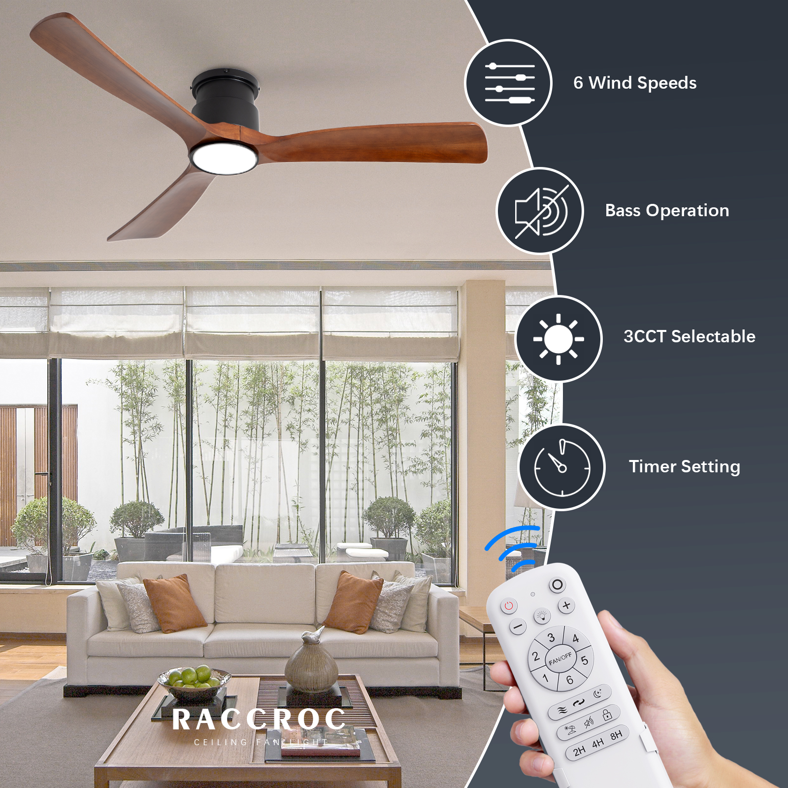 Wozzio 52 Inch Natural Brown Log Recessed Mount Ceiling Fan Light, 22 Watt Tri-Colour Dimmable with Remote Control And Silent Reversible Motor