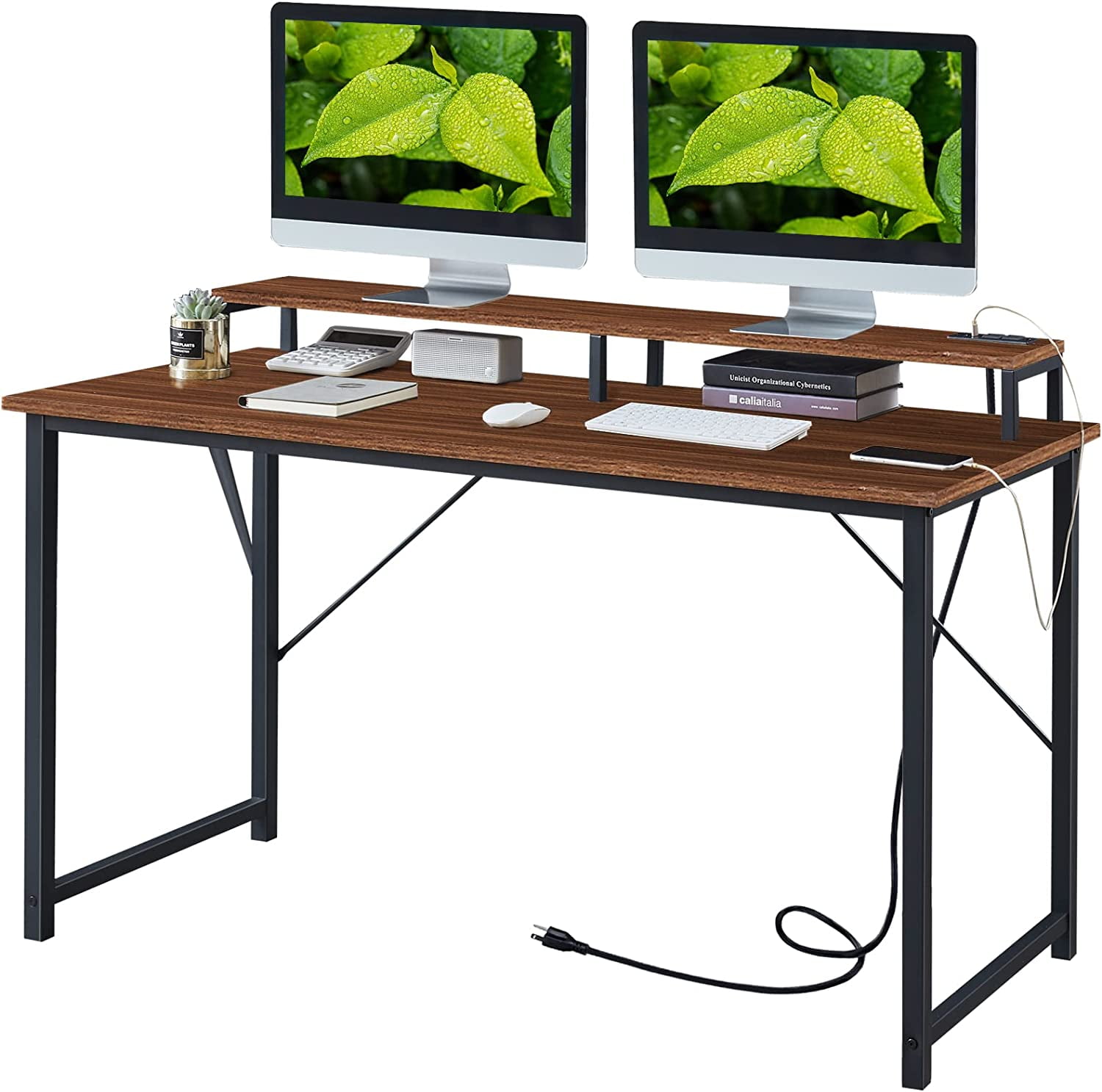 LATSKGN Computer Desk with Power Outlet and Monitor Shelf, 47 inch Home