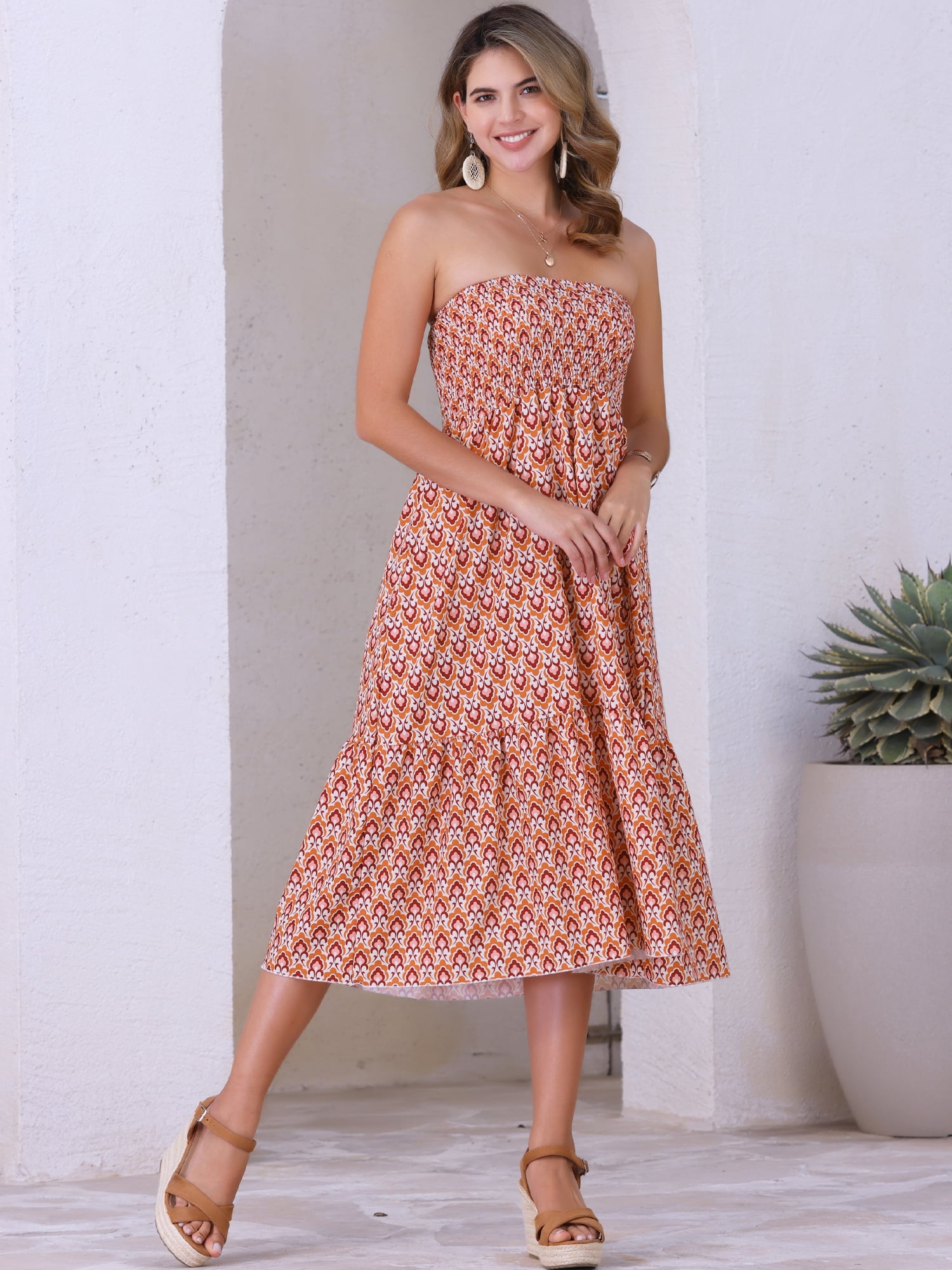 DARING DIVA Women's Summer Smocked Waist Flowy Maxi Skirts XS Orange Floral