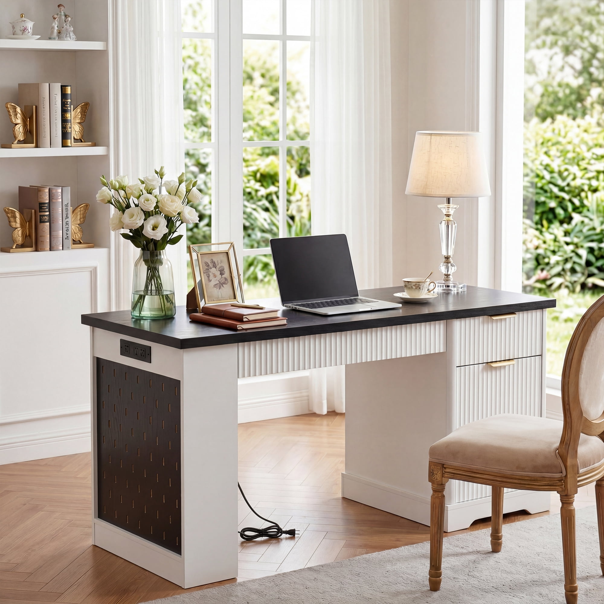 55" Office Desk with Storage Cabinet & Drawers, Computer Writing Desk with Power Outlet, Pegboard, Built-in Shelves and Keyboard Tray for Study, Living Room, Home Office, White