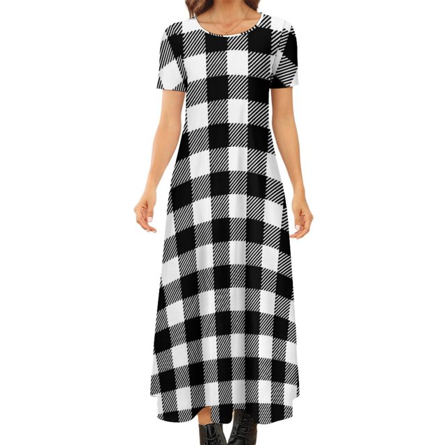 Robe à Carreaux Cœurs, Robe Maxi de Fête Noire et Blanche, Manches Courtes, Style de Rue Boho, Robes Longues de Plage pour Femmes, Vestido Oversize