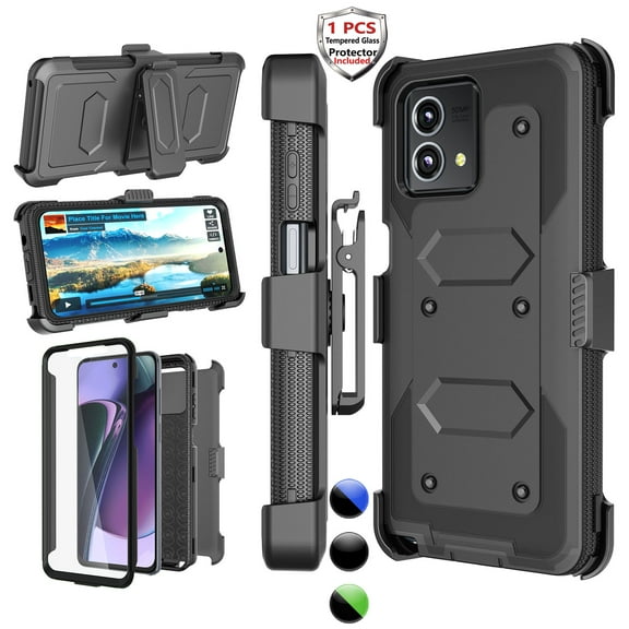 Njjex Phone Cases for Motorola Moto G Stylus 2023 5G 6.6", [Buit-in Temerped Glass Screen Protector] Combo Holster Belt Clip [Heavy Duty] [Kickstand] Full-Body Rugged Holster Case（Black)