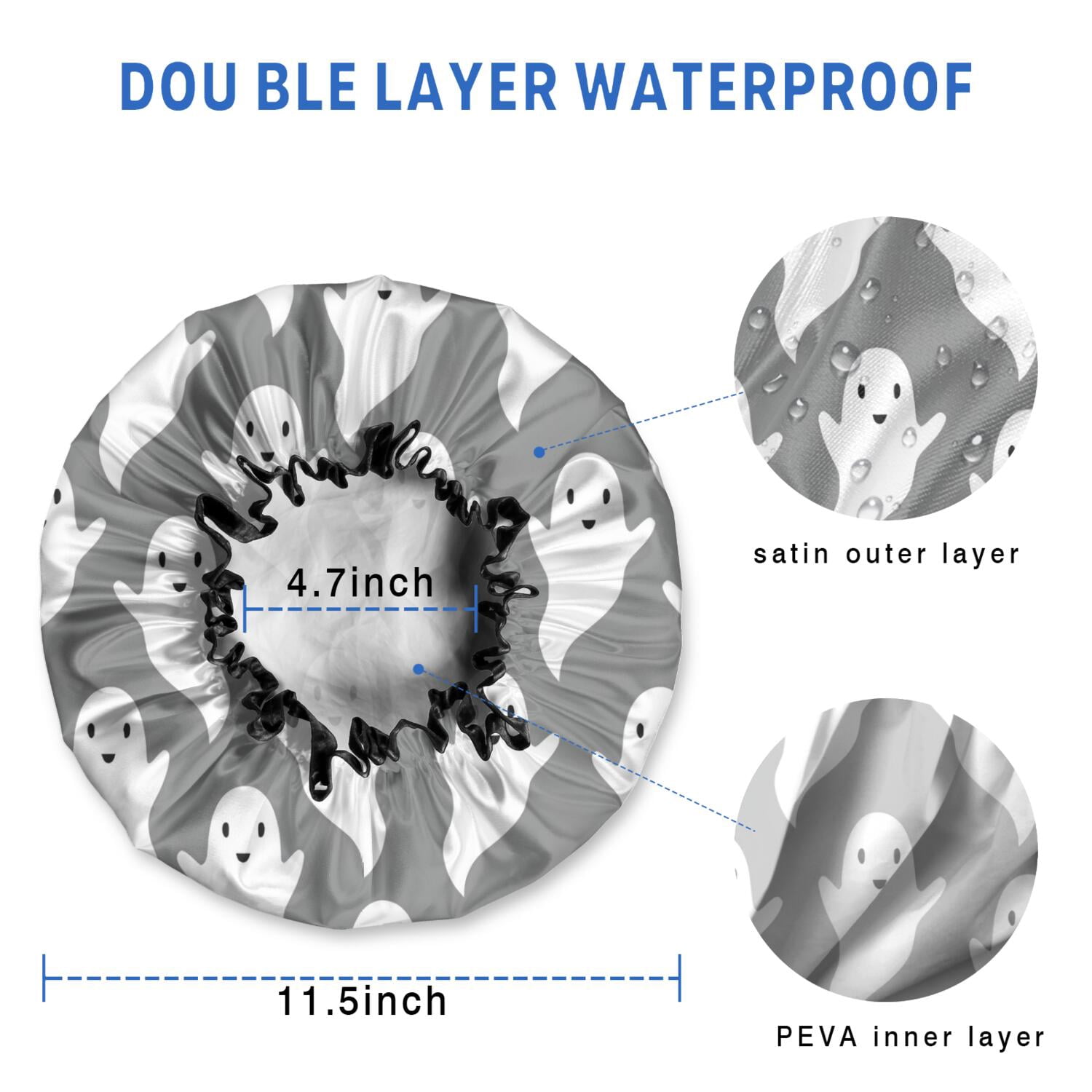 Shower Caps,Gray Halloween White Ghosts Waterproof Shower Cap for Women 4 Pieces,Double Reusable Hair Cover for Shower PEVA Elastic Stretch Hem