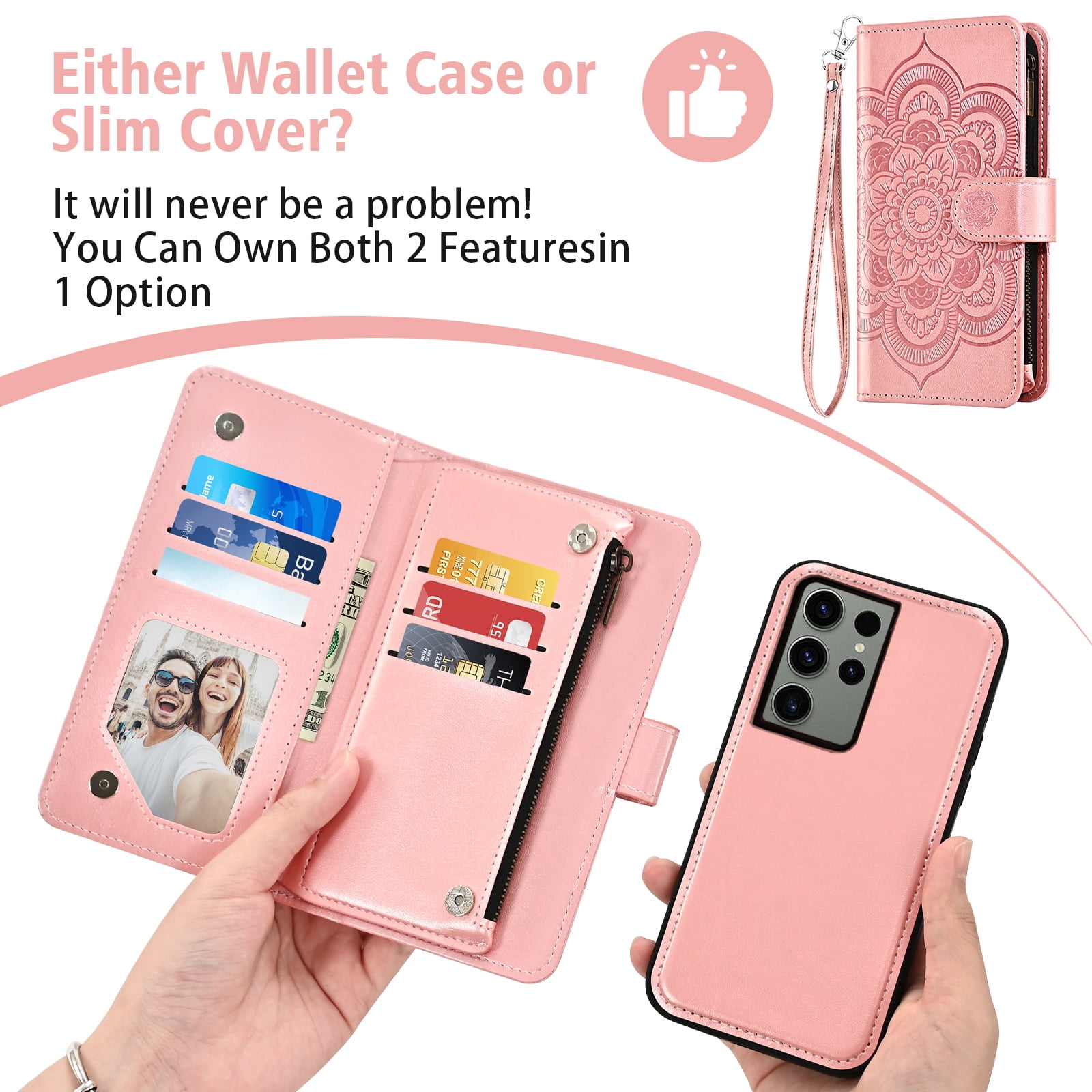 Asuwish Phone Case for Samsung Galaxy S23 Ultra 5G Zipper Wallet Magnetic Detachable Cell Cover with Tempered Glass Screen Protector Crossbody Strap Flower Card Holder Slot S23Ultra Women Pink