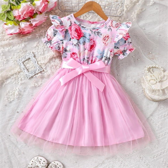 Nrmvnmi Girls Pink Summer Dress Little Girl Floral Print Round Neck Short Sleeve Mesh Dress with Bow Belt For 2-8 Years