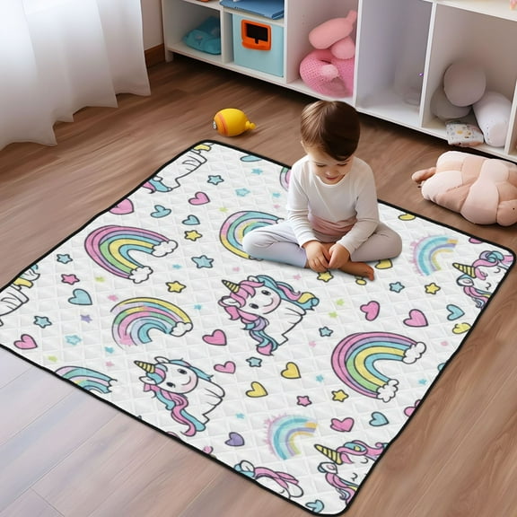 WOBOGO Pattern with Cute Unicorns and Rainbows Baby Playmats Extra Large Waterproof Rollable Activity Pads for Toddlers 50×50inch