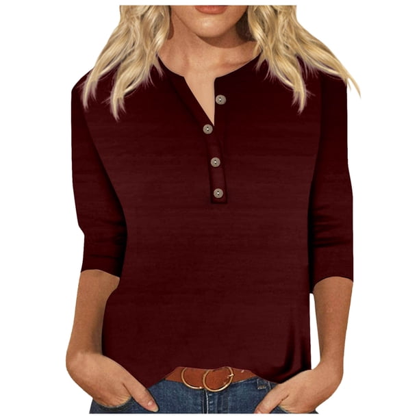 Camiseta de mujer con cuello en V, estampado geométrico colorido y manga 3/4 - Poliéster, diseño con botones, informal - S-XXL