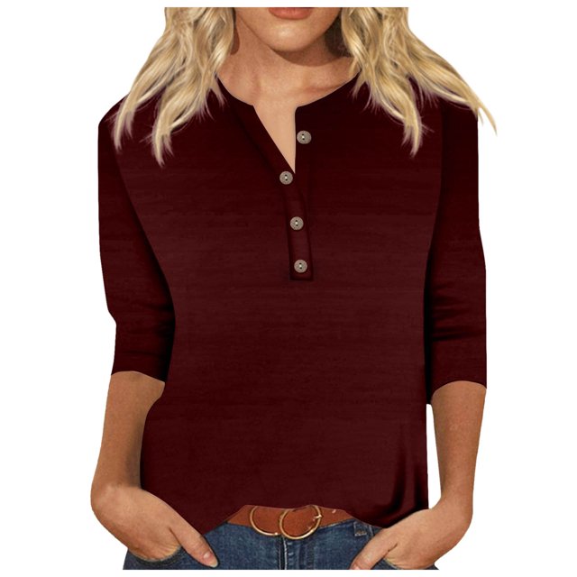 Camiseta de mujer con cuello en V, estampado geométrico colorido y manga 3/4 - Poliéster, diseño con botones, informal - S-XXL