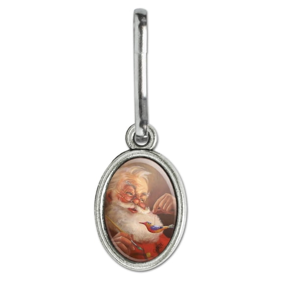 Christmas Holiday Santa Painting Tree Ornament Antiqued Oval Charm Clothes Purse Suitcase Backpack Zipper Pull Aid
