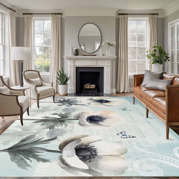 Teal Spring Floral Area Rug 8x10 Washable Rug Non Slip Vintage Botanical Summer Flowers Large Area Rug Soft Stainresistant Indoor Floor Carpet for Living Room Bedroom Home Office Dining Room Nursery