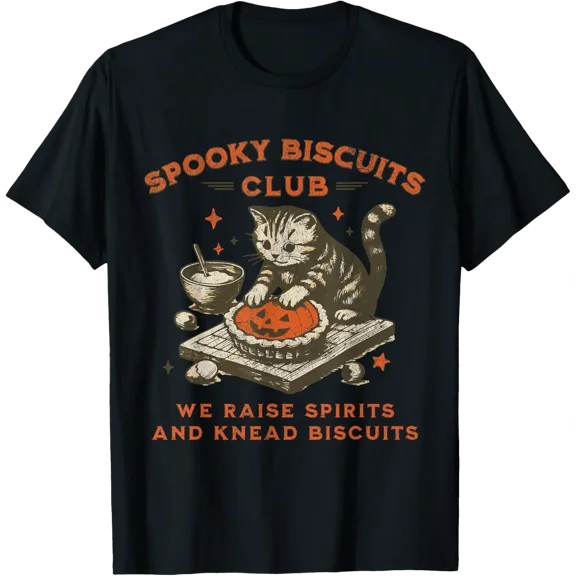 Spooky Biscuits Club Cat, Funny Halloween Baking Tee T-Shirt Shirts