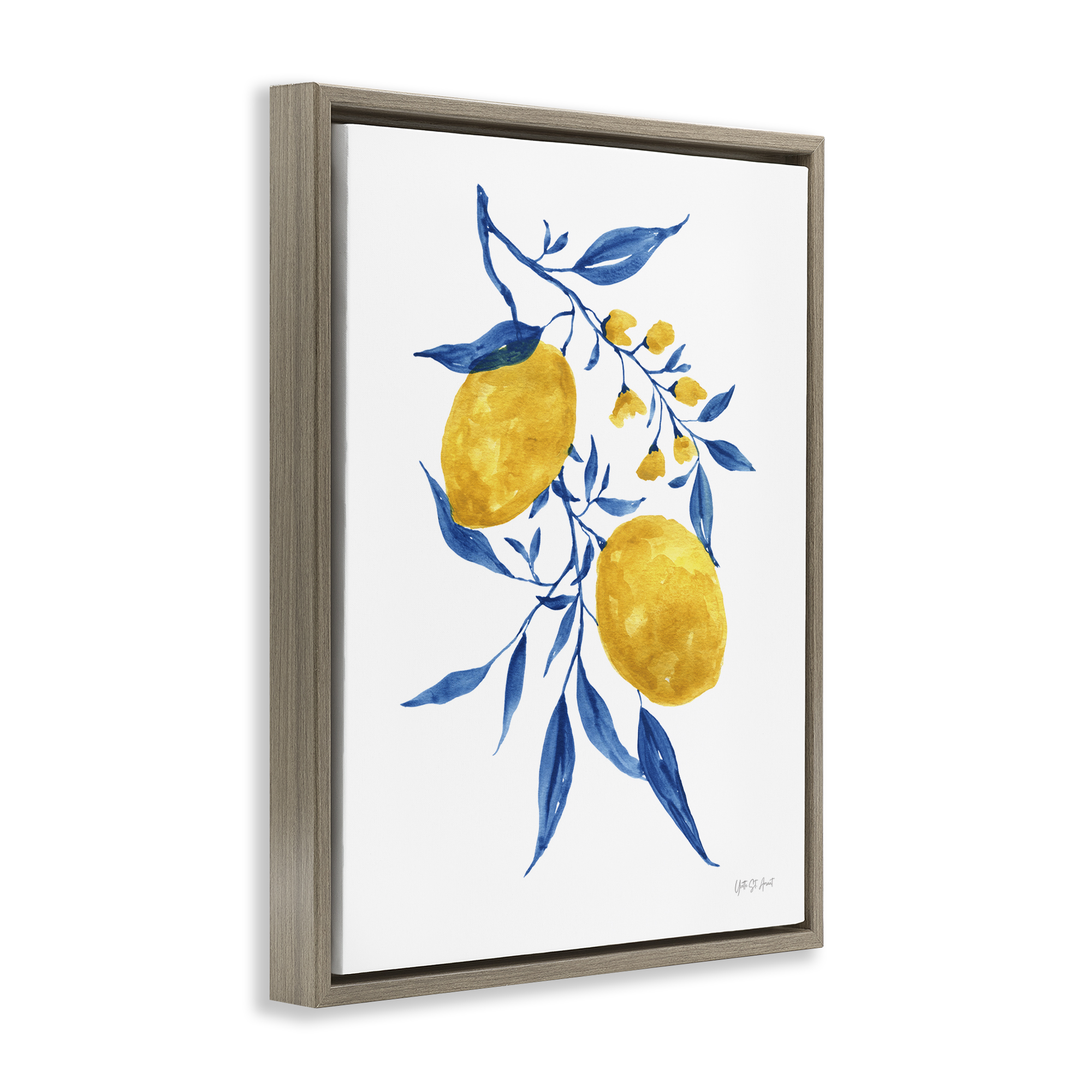Stupell Industries Lemons with Blue Leaves Food & Beverage Painting Brown Floater Framed Canvas Art Print Wall Art, 25 x 31