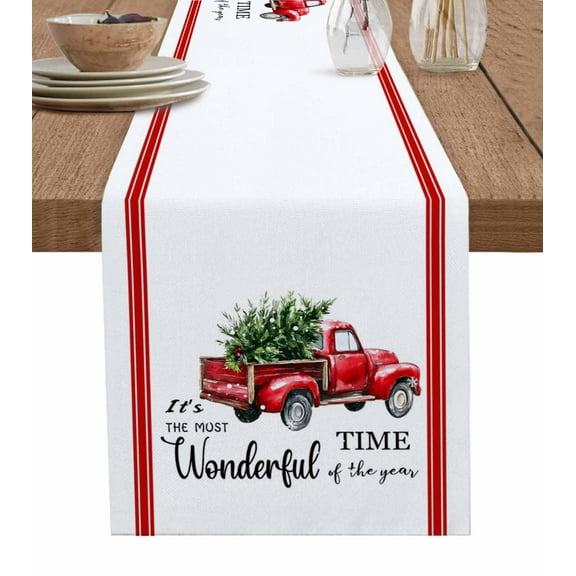 Table Runners 120 Inches Long Dress Scarves, Christmas Farmhouse Coffee/Dining/Kitchen Table Runner for Living Room, Xmas Truck Tree Snowflake Red Striped 13x120 Inch