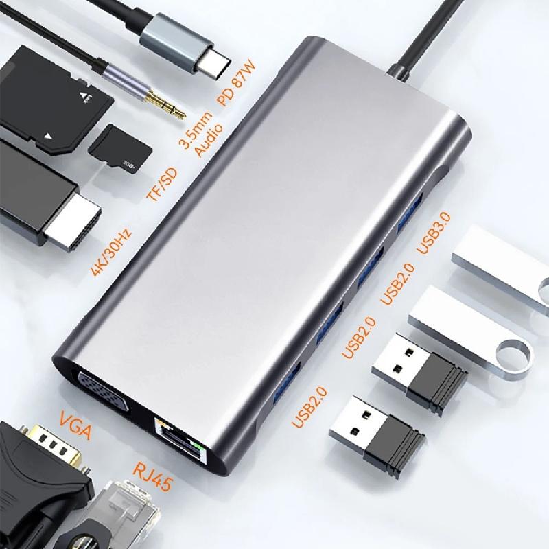 BQBQERT Aluminum Alloy 11 Port USB C Docking Station Supports 4K HDTV Fast Data Transfer 100W Charging For Laptop
