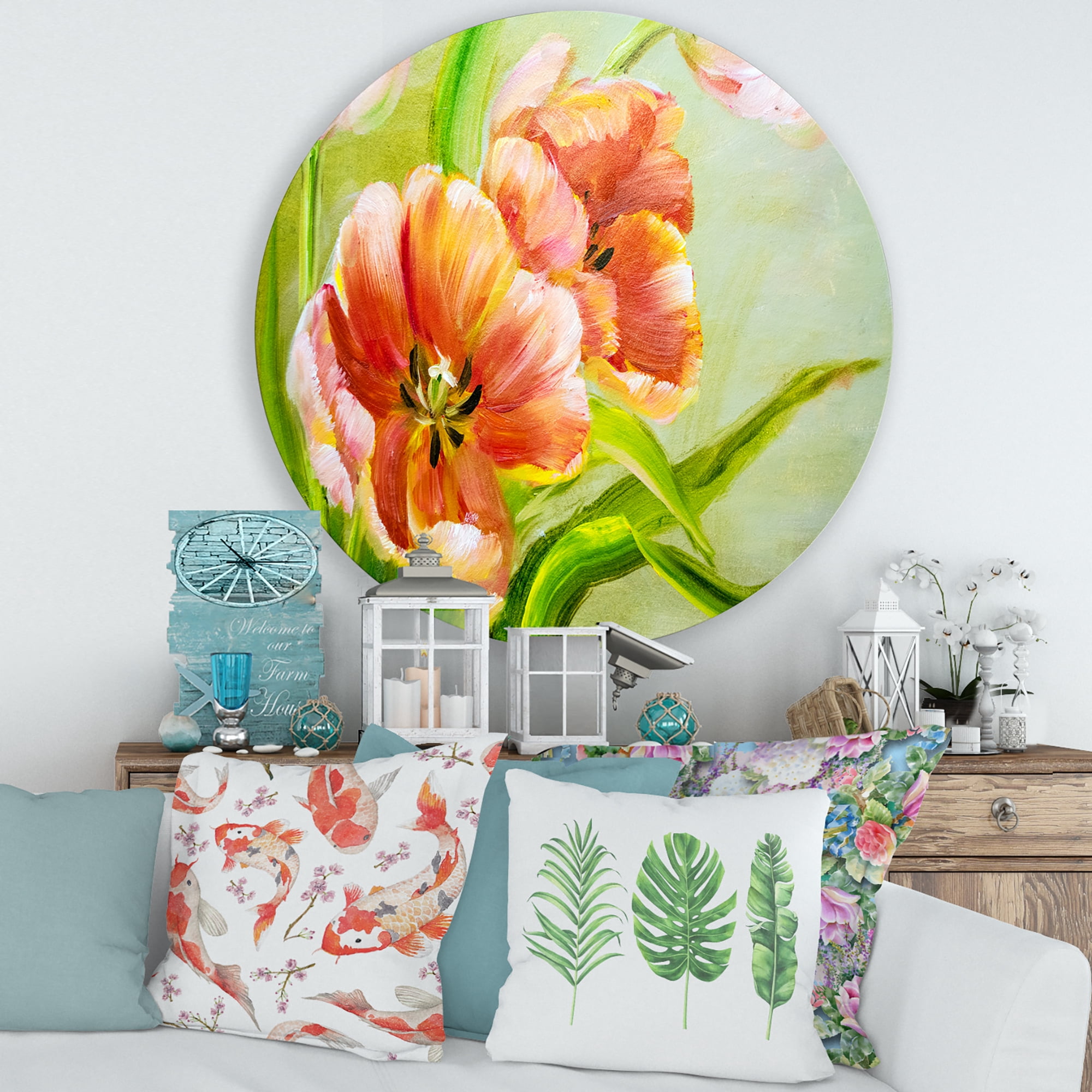 Designart 'Ancient Red Tulips Flowers II' Traditional Circle Metal Wall Art 36x36 - Disc of 36