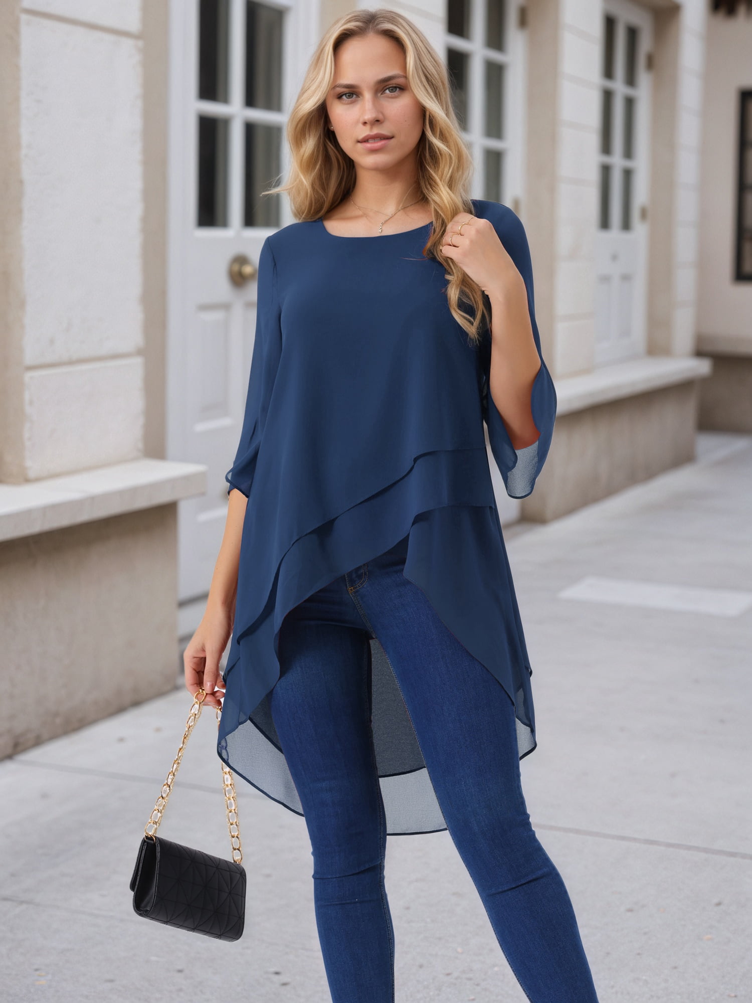 DARING DIVA Women's 3/4 Sleeve High Low Hem Scoop Neck Chiffon Blouses XL Dark Blue