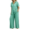 thumbnail image 2 of Roncen Women's Casual Button-Down Shirt & Wide Leg Pants Set - Spring Summer Short Sleeve Solid Color Outfit with Pockets, Relaxed Fit Two-Piece Lounge Wear, 2 of 8