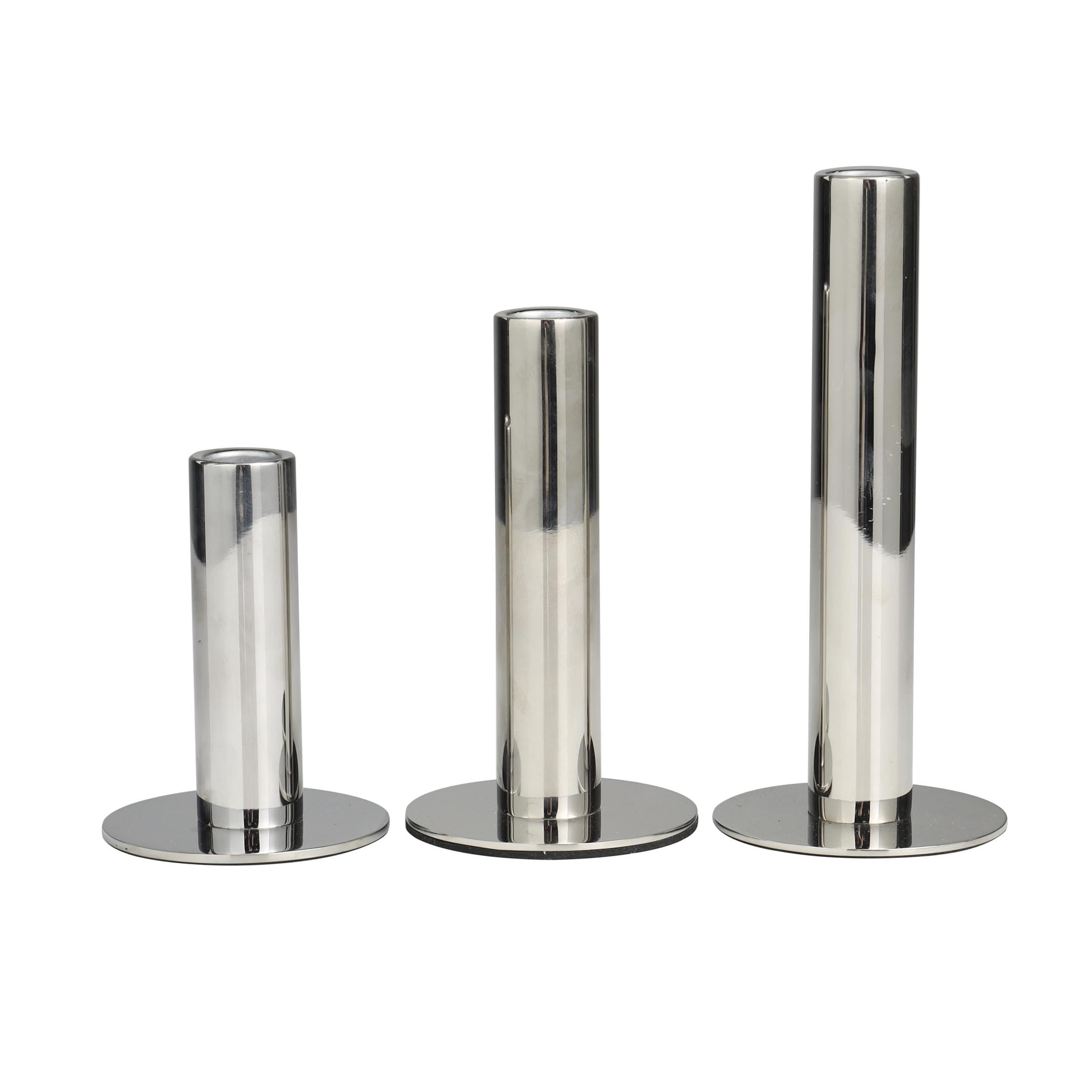 DecMode 3 Candle Silver Stainless Steel Metal Slim Candle Holder with Rounded Base, Set of 3
