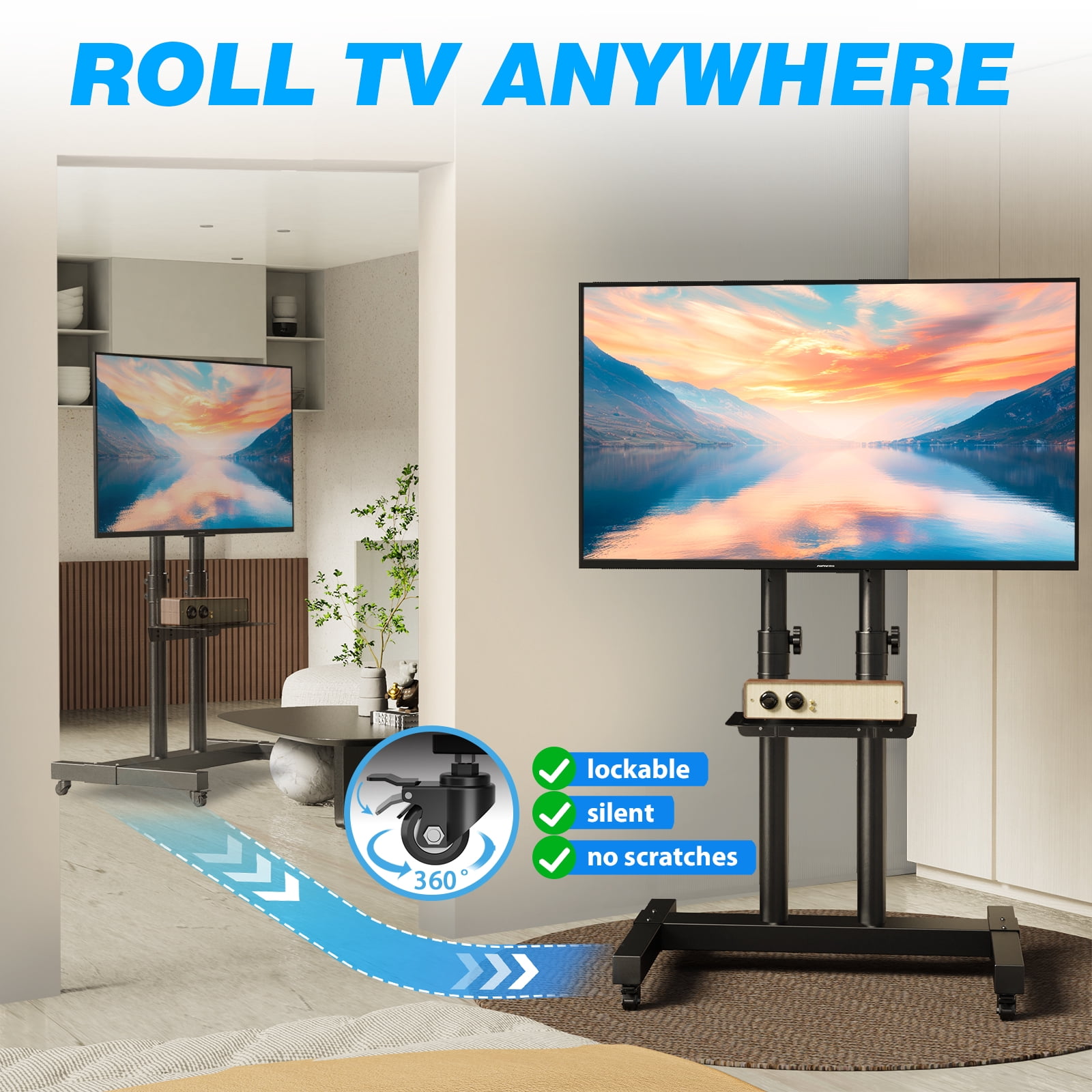 RTVR Rolling TV Cart Stand with Wheels for 32 to 85 inch Screens Mobile Portable TV Stand, Modern Black
