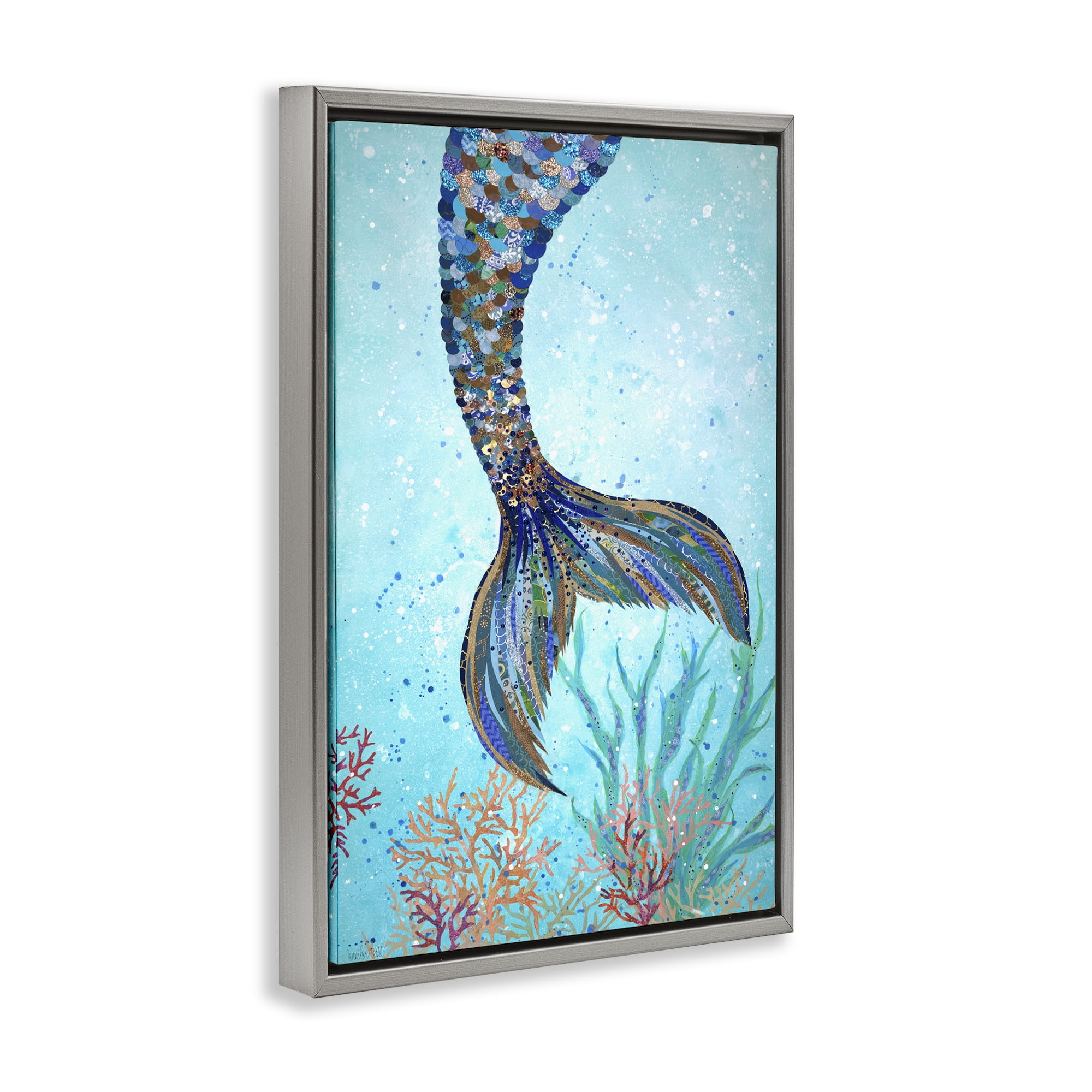 Stupell Industries Tall Tails Mermaid Fairy Tales & Fantasy Painting Gray Floater Framed Canvas Art Print Wall Art, 17 x 25