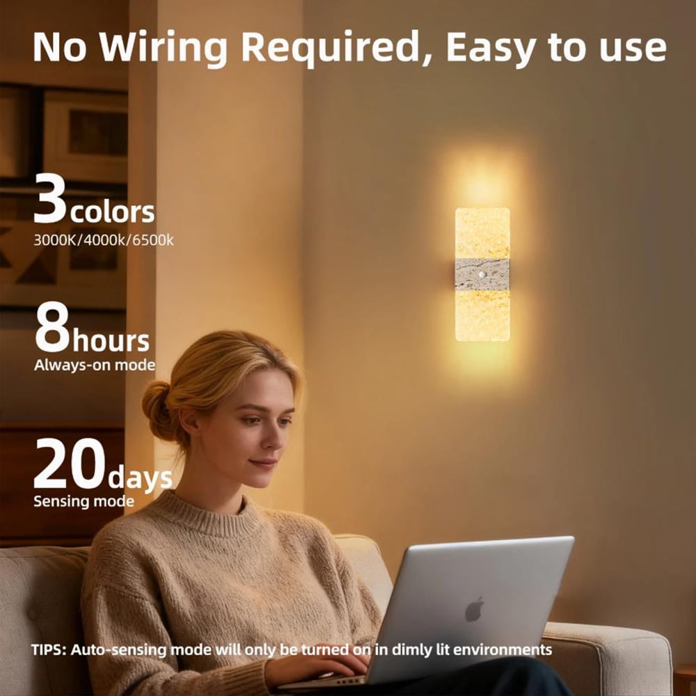 Jercoda 2pcs Wireless Motion Sensor Wall Lights with Auto-Modes, Rectangular Design Rechargeable Wall Sconces with Stickers for Bedroom Living Room Stairways