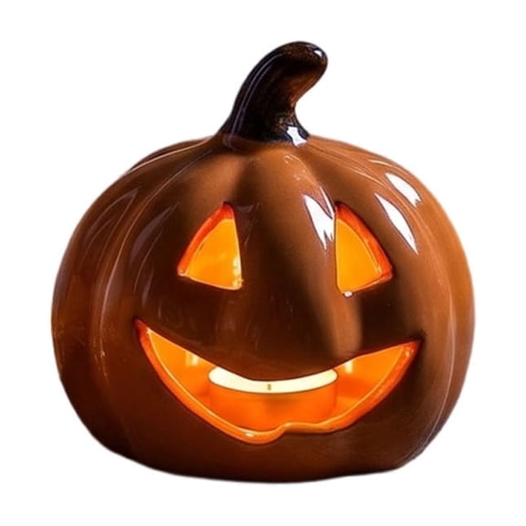Floleo Glowing Ceramic Pumpkin Light – LED Lit Jack O Lantern Figurine Tabletop Decor for Fall Halloween Thanksgiving, Hollow Carved Design for Indoor Outdoor Home Party Display