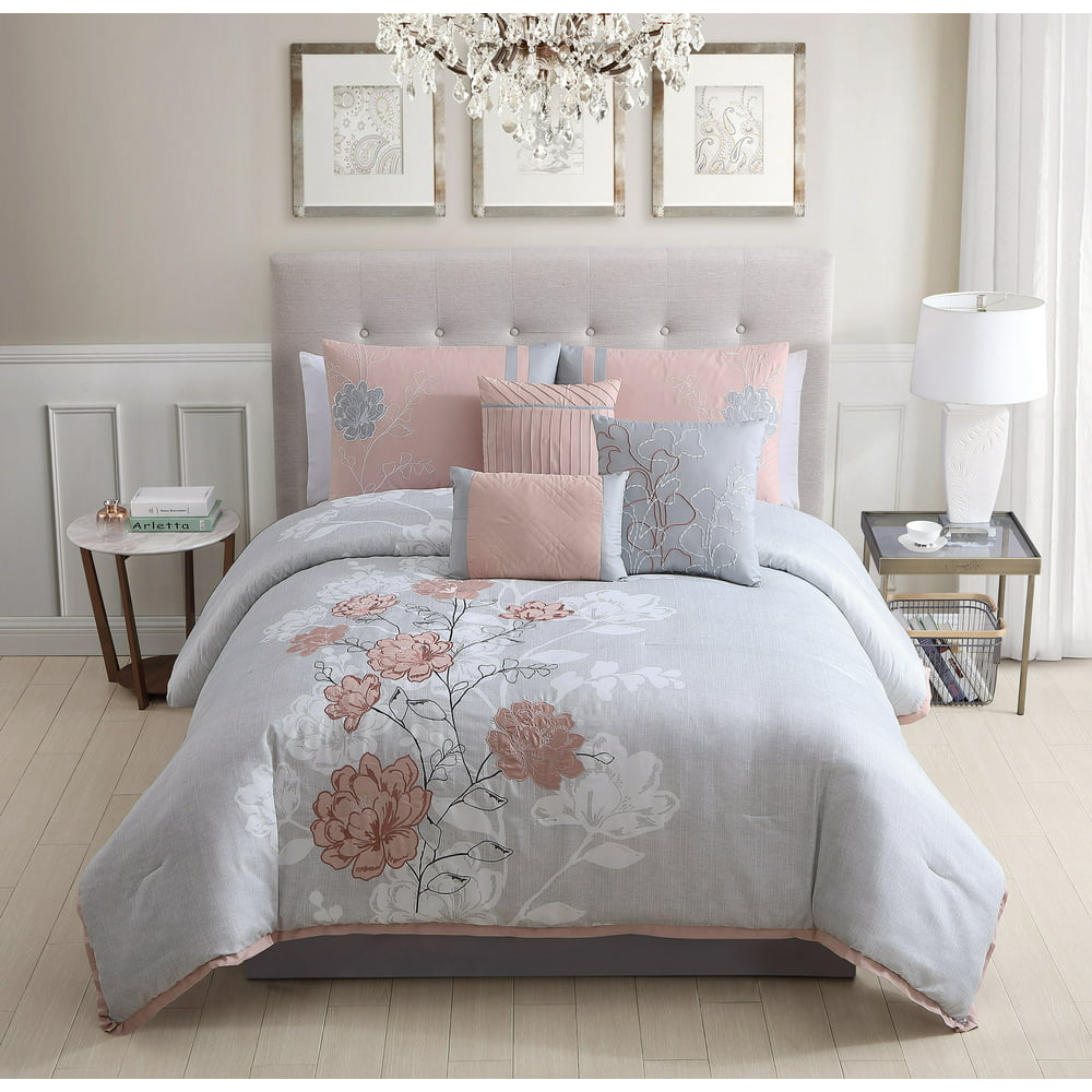 Mainstays 7 Piece Floral Embroidered Roses Comforter Set, Full Queen