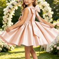 thumbnail image 6 of Girls' Satin Sleeveless Formal Party Dress, Square Neck, Large Bow Decor, Flared Swing Midi Skirt, Flower Girl Style, Suitable For Wedding Ceremonies, Birthday Banquets Beige 3-4 Years, 6 of 6