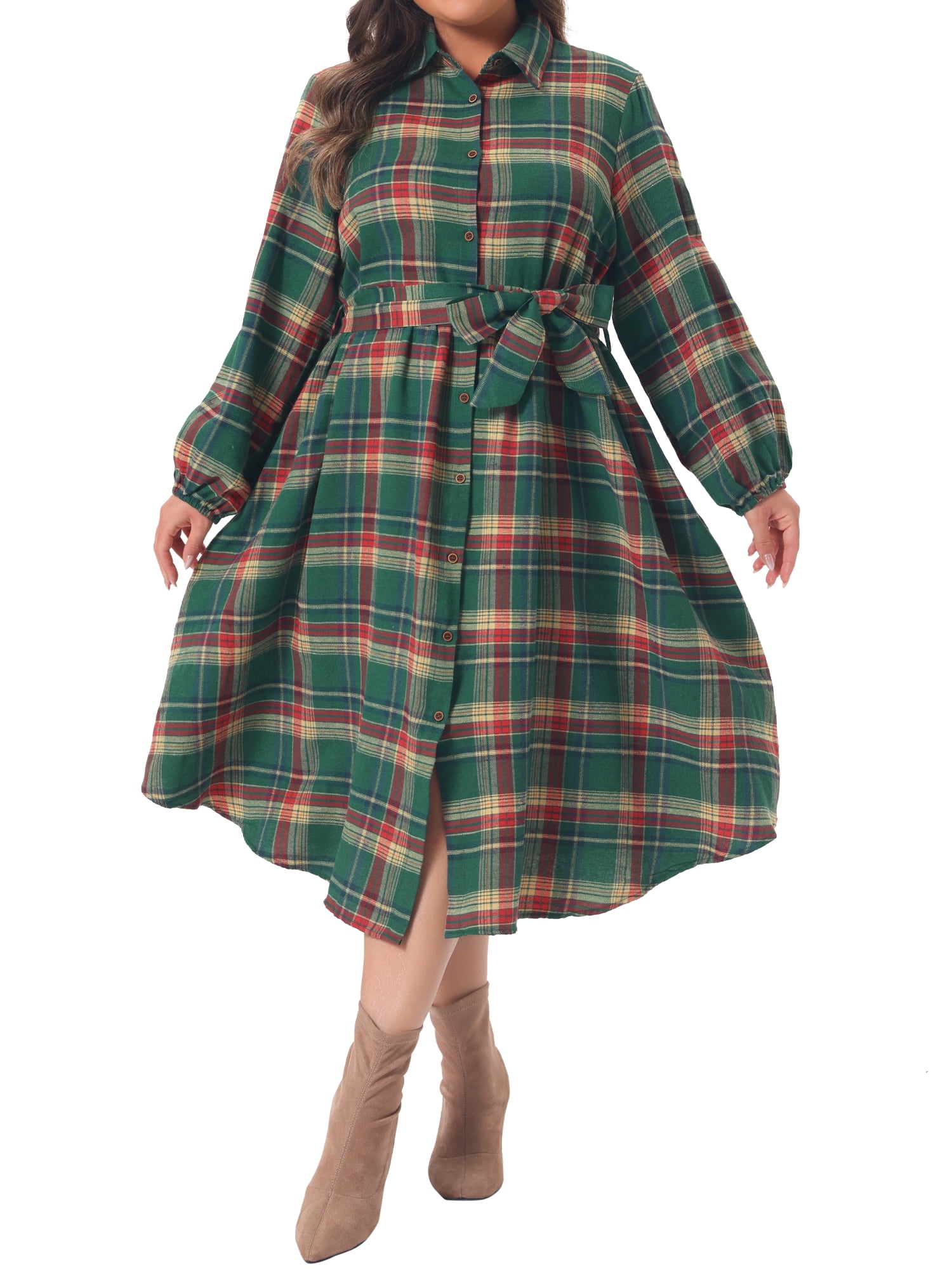 DARING DIVA Women's Plus Plaid Shirt Belted Long Sleeves Hem Dress L Green