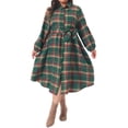 thumbnail image 2 of DARING DIVA Women's Plus Plaid Shirt Belted Long Sleeves Hem Dress 1X Green, 2 of 5
