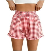 Lovzfmll Shorts for Women, Comfy Gingham Plaid Beach Bottoms with Pockets, Casual Ruffle Hem Lounge Sleep Shorts for Summer Red XL