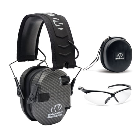 Walker’s Razor Slim Electronic Muff (Carbon) with Case and Shooting Glasses