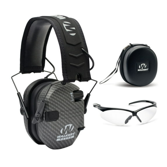 Walker’s Razor Slim Electronic Muff (Carbon) with Case and Shooting Glasses