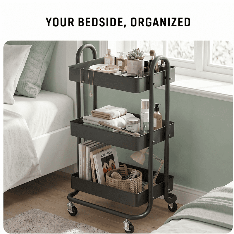 Fenbeli 3-Tier Metal Rolling Utility Cart with Wheels, black, 18"L x 13.4"W x 31"H