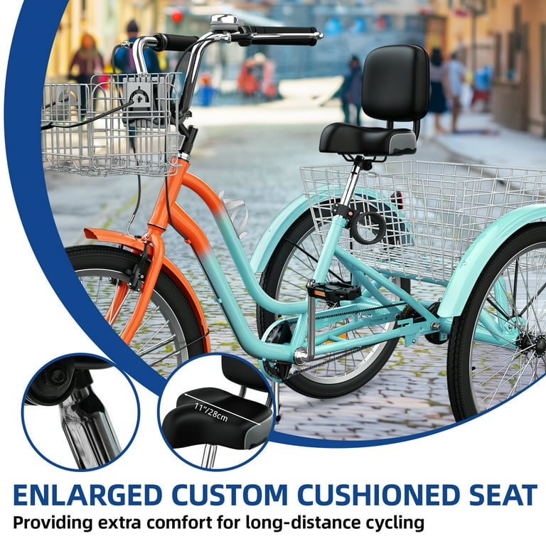 Uforic 26 Inch 3 Wheel Bike Single Speed Adult Trike Low Step Through Cruiser with Front Rear Baskets Large Adjustable Seat with Backrest for Seniors Men and Women Green Orange Walmart
