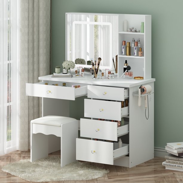 FUFU&GAGA Vanity Table with Lighted Mirror and Charging Station, Makeup